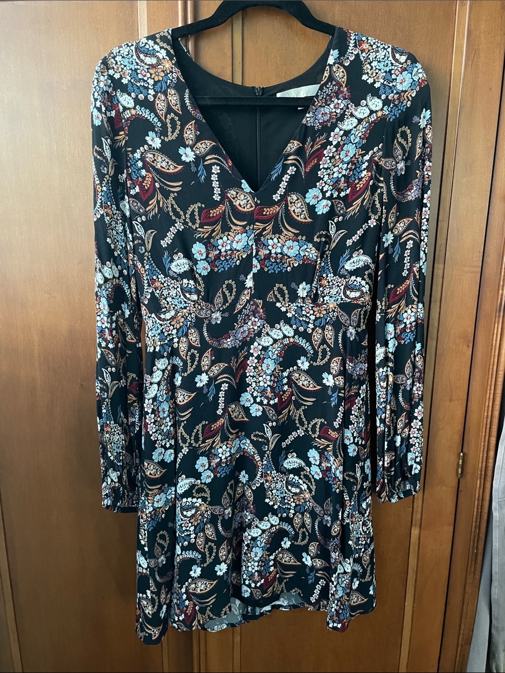 Wayf size m long sleeve floral A line dress black